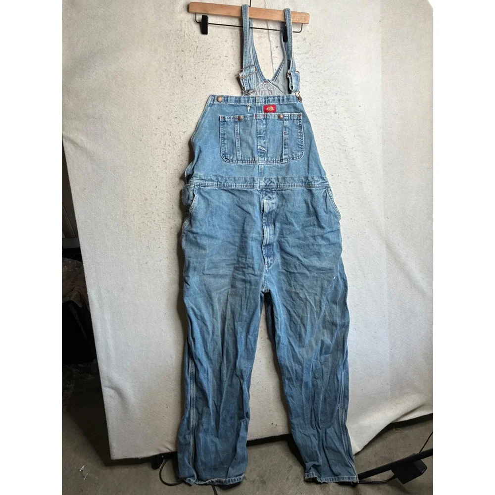 Dickies Mens Denim Bib Overalls Light Wash Indigo Workwear 44x32 8396SNB READ
